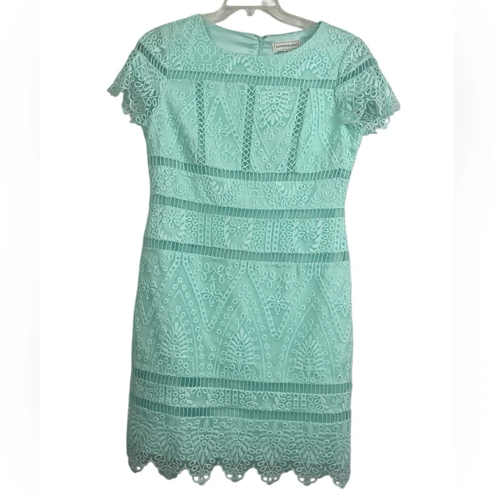 Katherine Kelly pastel green eyelet embroidered sheath dress. Size 10 GUC - Picture 3 of 7